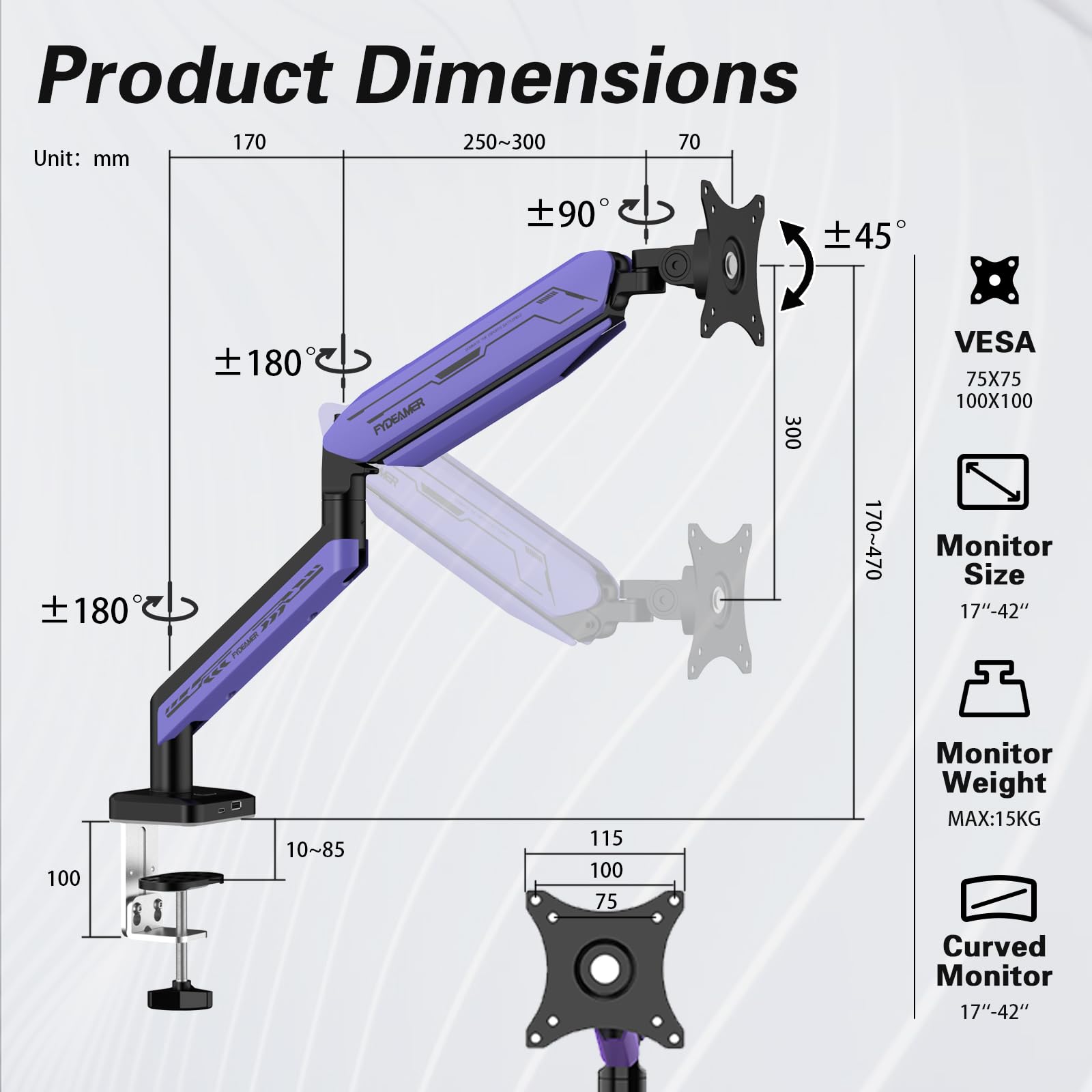ETHU Single Heavy Duty Monitor Arm for 17-42 inches Monitors with 30 RGB Lighting Effects,Holds 15KG/33lbs,Ultrawide Monitor Arm for Curved Flat Monitors, Purple