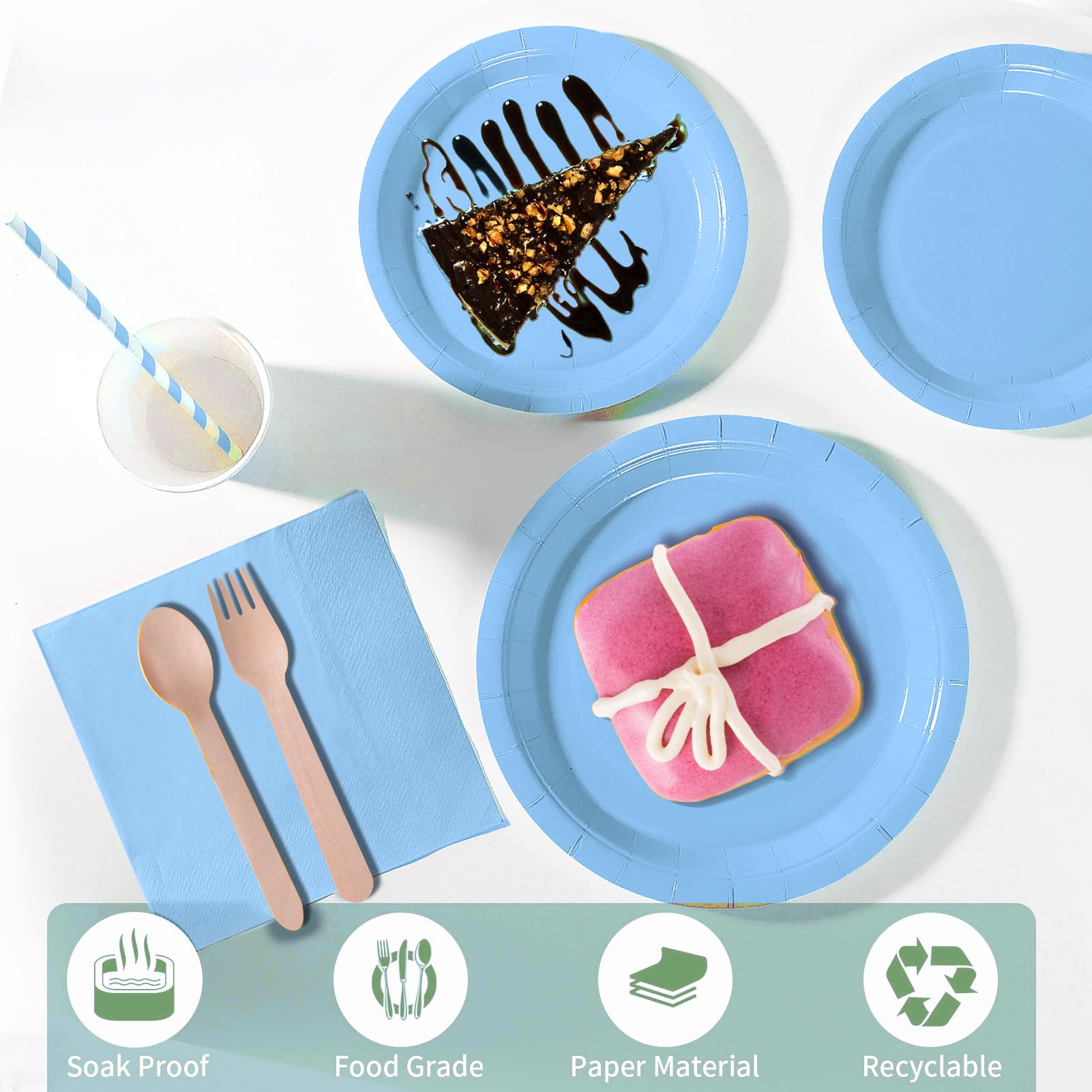 PYAILI 169 Pcs Baby Blue Party Tableware Set, Paper Plates Cups Napkins Tablecloth, Dinnerware Set for Kids Adult Birthday,Wedding,Baby Shower Party Tableware