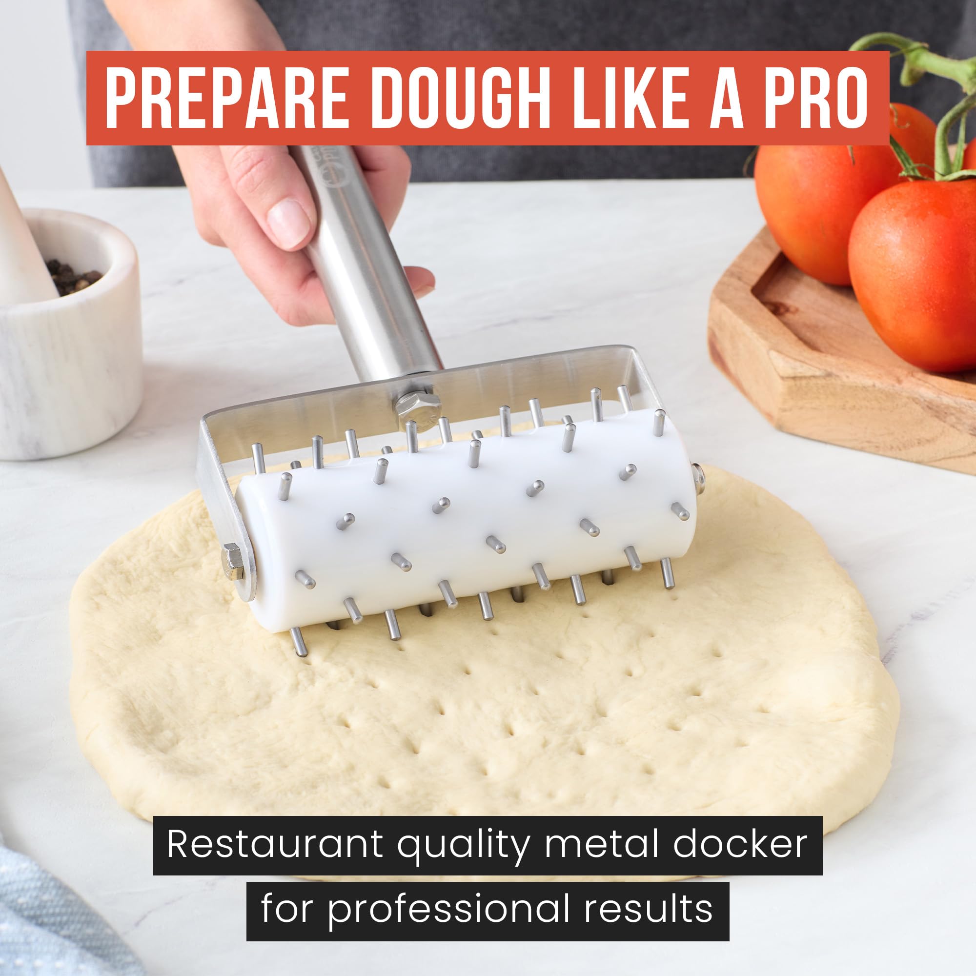 Chef Pomodoro Stainless Steel Pizza Dough Roller (21 x 14.5 cm, Spike Length 7 mm) - Premium Pizza Docker, Dough Docker, Pizzas Dough Docker, Pizza Docker Roller