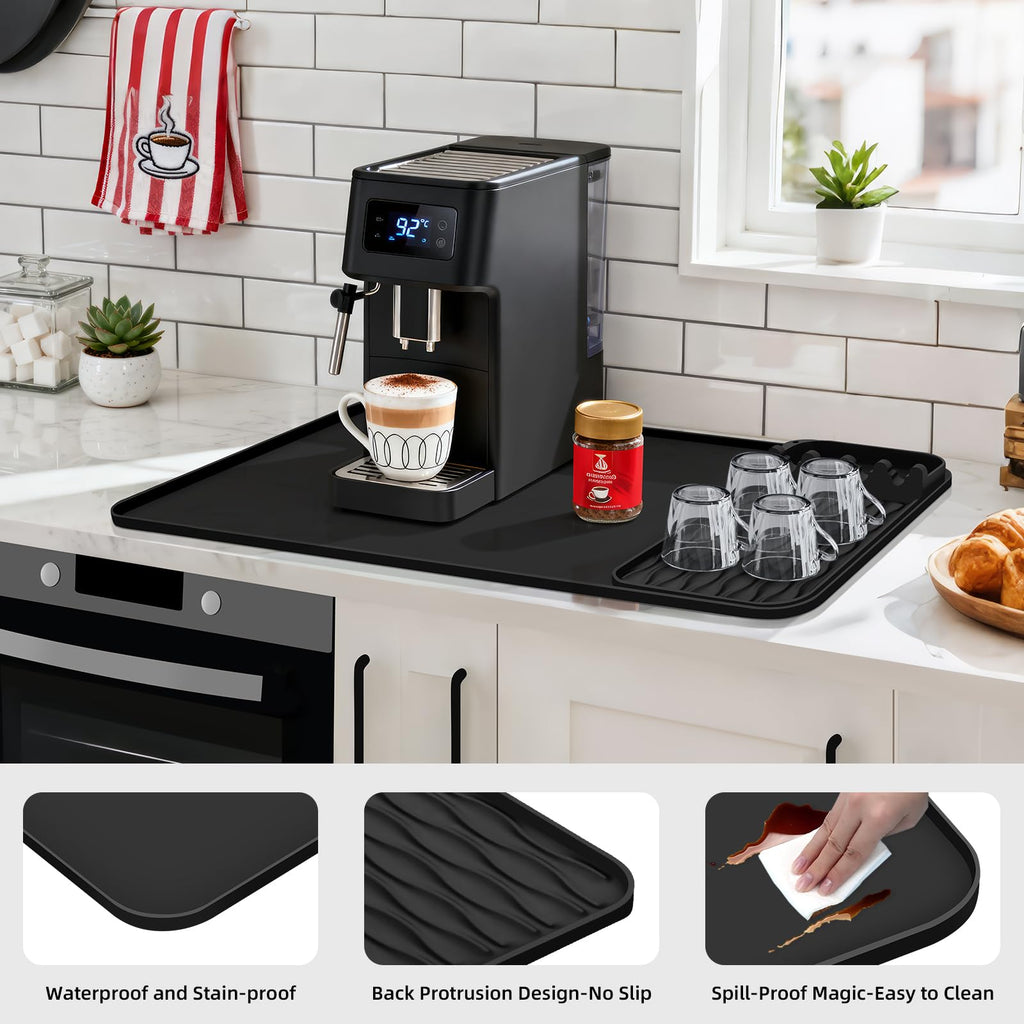 Silicone Coffee Mat 16''x18'' Bar Mat, Ninja Luxe Cafe Accessory with Detachable Dish Drying Mat - Fits Under Coffee Maker and Dish Rack