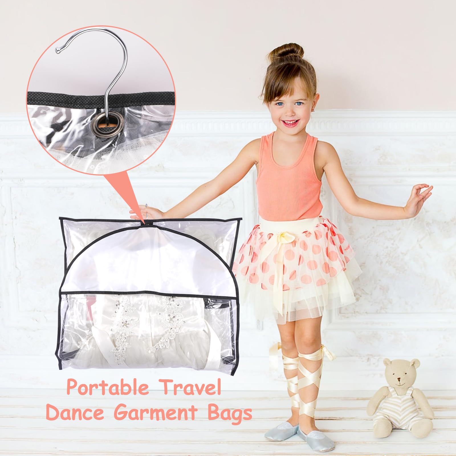 3pcs Clear Dance Garment Bags for Costumes Suits Coats with Zipper 38" Children Hanging Clothes Storage, Foldable Waterproof Dresses Cover Protector with ID Slot for Closet Travel Competitions