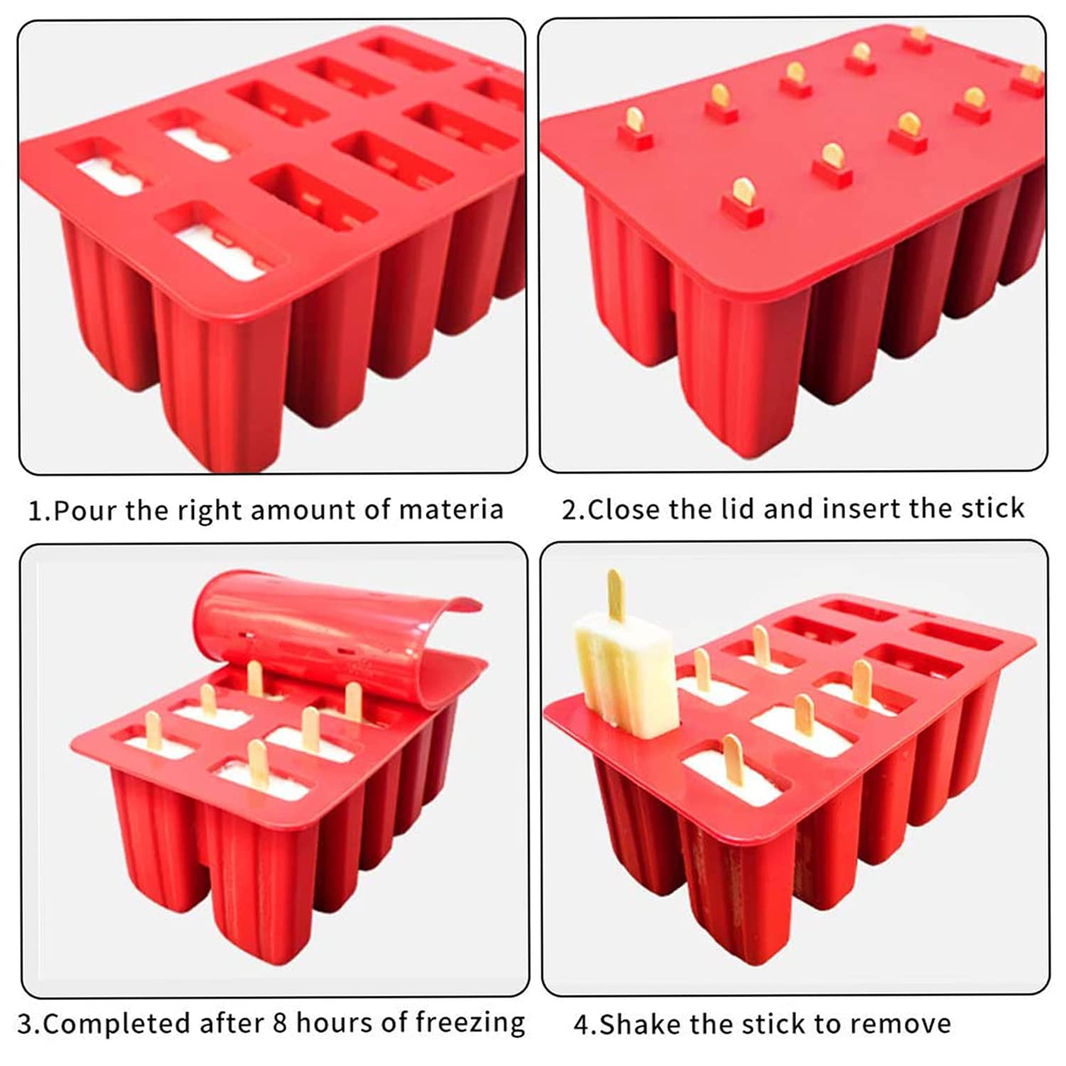 Popsicle Molds, BPA Free Food Grade Silicone, Frozen Popsicle Mold, Ice Pop Cream Maker, 10-Cavity Popsicle Maker Molds, Includ 50 Wooden Sticks & Cleaning Brush& Funnel & 100 Popsicle Bags, Red