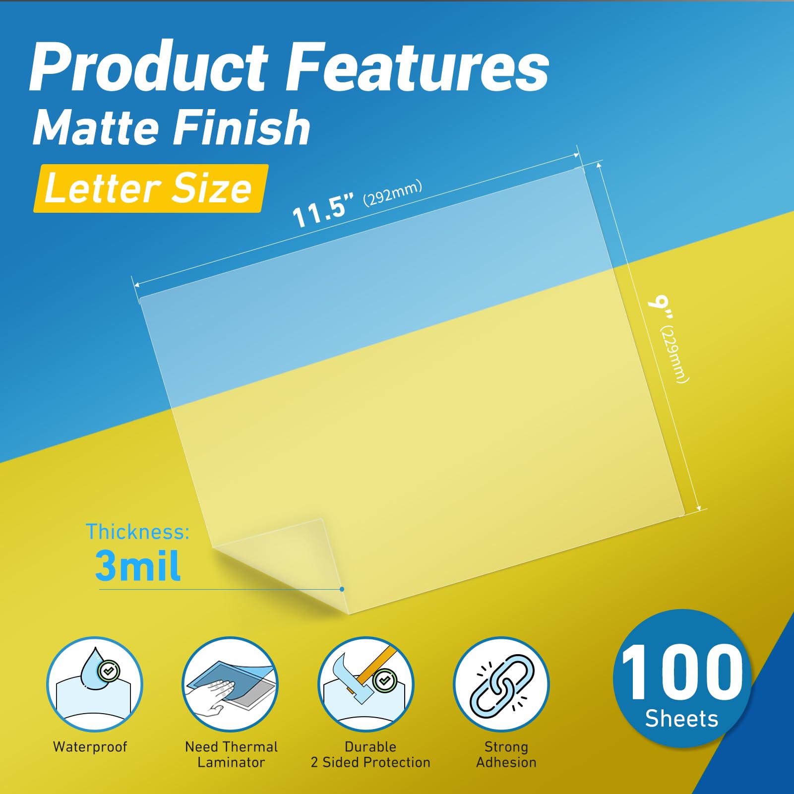 Uinkit Matte Laminating Sheets, 9 x 11.5 Inches 3 Mil Thick Matte Finish 100 Pack Fitted for Letter Size Thermal Laminating Pouches 8.5 x 11 (100)