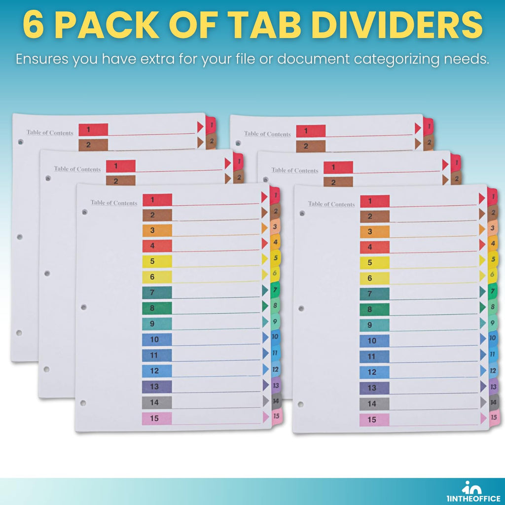 1InTheOffice 15 Tab Dividers for 3 Ring Binders, Table of Contents, 8.5" x 11", Multicolor Tabs, 6 Pack