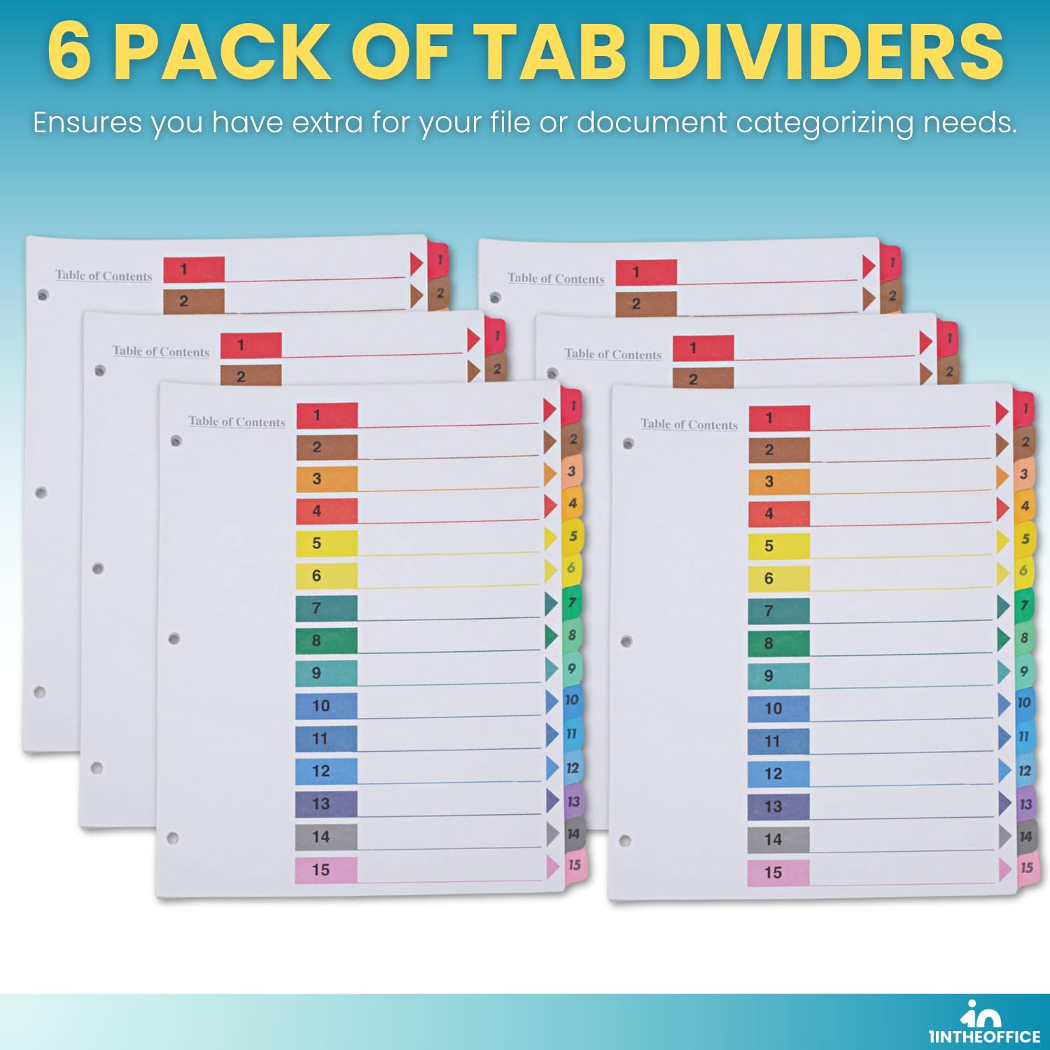 1InTheOffice 15 Tab Dividers for 3 Ring Binders, Table of Contents, 8.5" x 11", Multicolor Tabs, 6 Pack