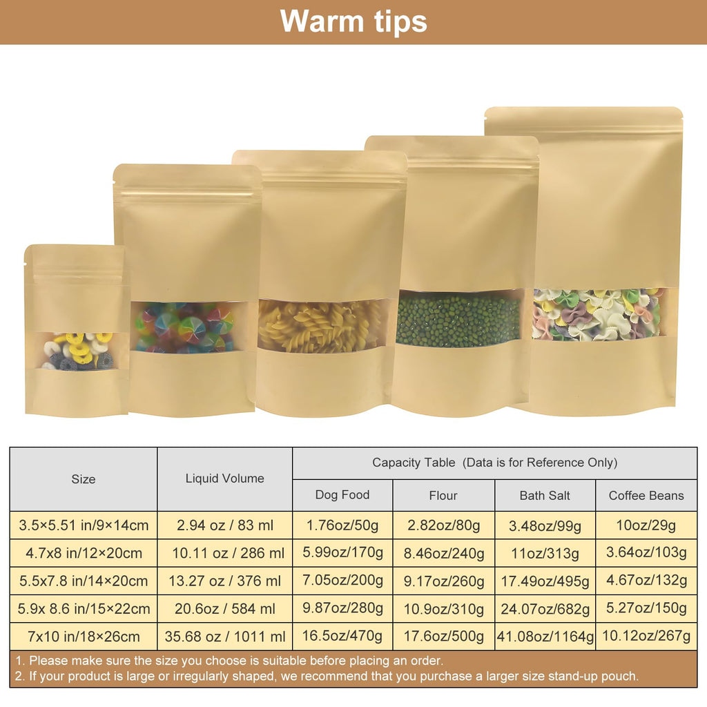 SumDirect Kraft Zipper Stand Up Food Bags Pouches with Notch and Matte Window,4.7x8 Inches,2.4oz,Pack of 50