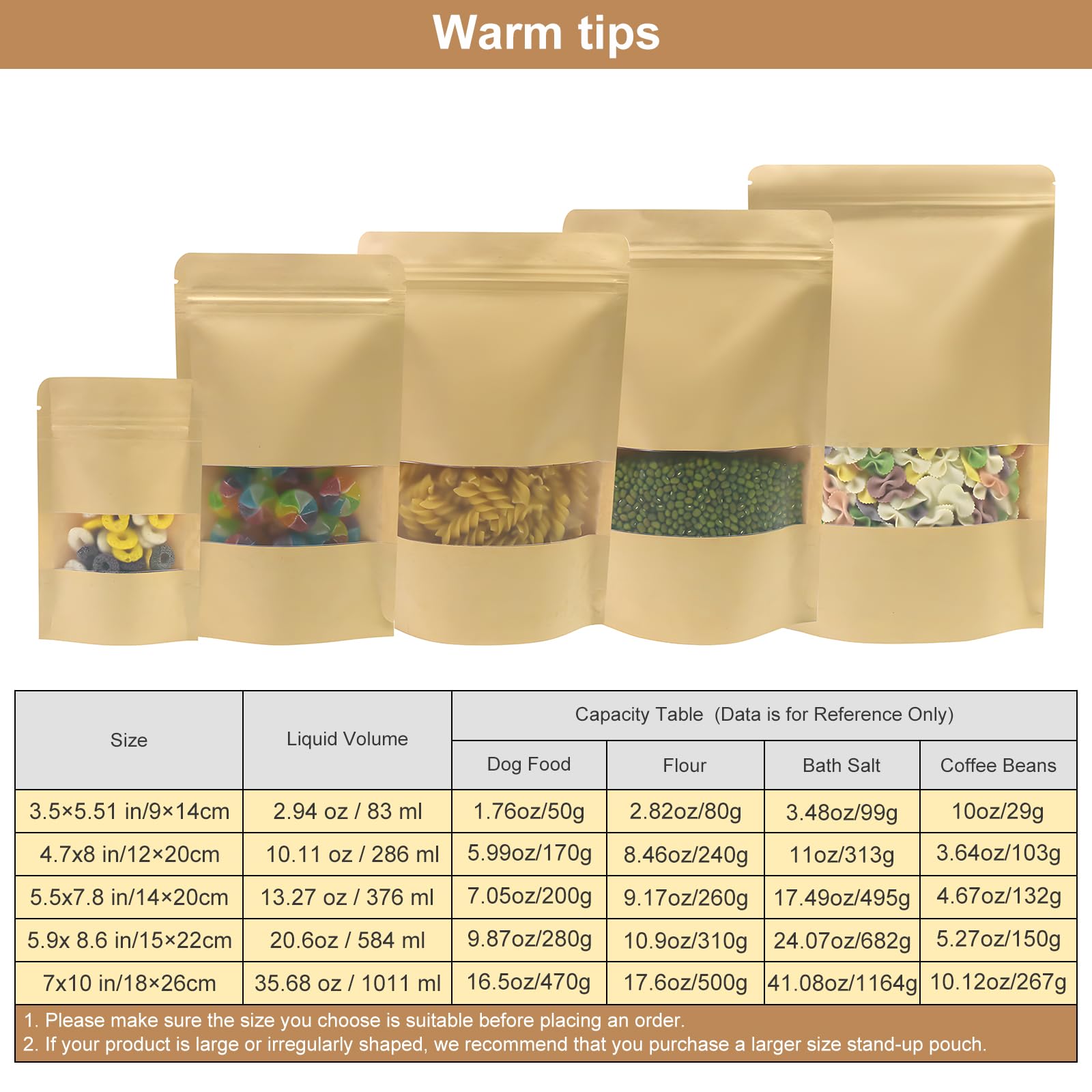 SumDirect Kraft Zipper Stand Up Food Bags Pouches with Notch and Matte Window,4.7x8 Inches,2.4oz,Pack of 50