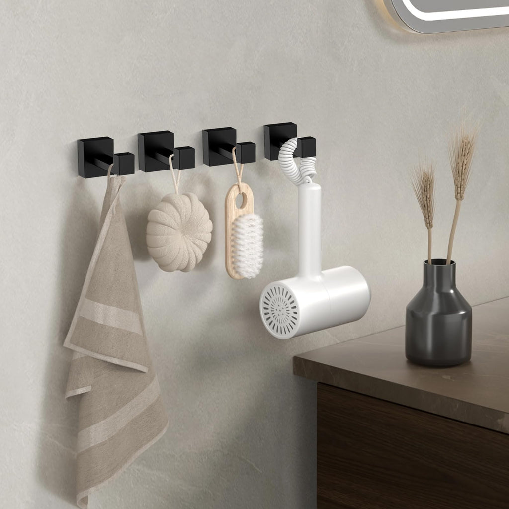 Towel Hooks,SUS304 Stainless Steel Towel Hook Anti-Rust,4 Pack Modern Matte Black Towel Hooks for Bathroom,Heavy Duty Square Hooks,Easy Installation Bathroom Hooks,Black Hooks for Bathroom/Kitchen