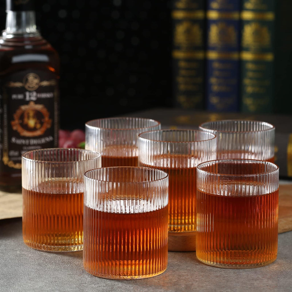 QCKNSO Drinking Glasses Set of 6, 10 oz Ribbed Drinking Glasses, Vintage Glassware Set Cocktail Glass for Water,Beverage,Wine, Cute Glass Cups, Iced Coffee Cup