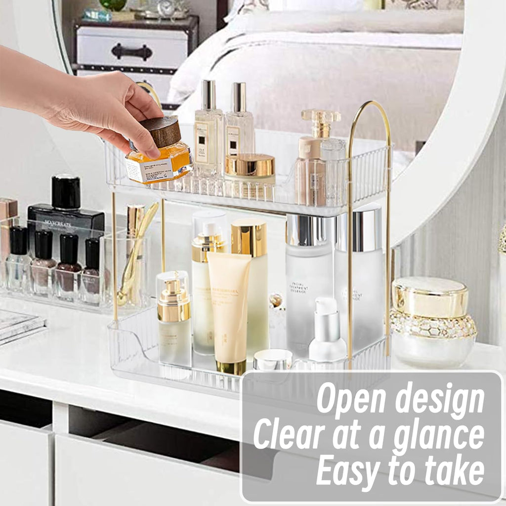 Bathroom Counter Organizer, Countertop Storage Cosmetics Shelf Skincare Organizer, skincare organizers bathroom vanity organizer Makeup Organizer Perfume for Dresser Vanity Tray [2 Tier-clear]