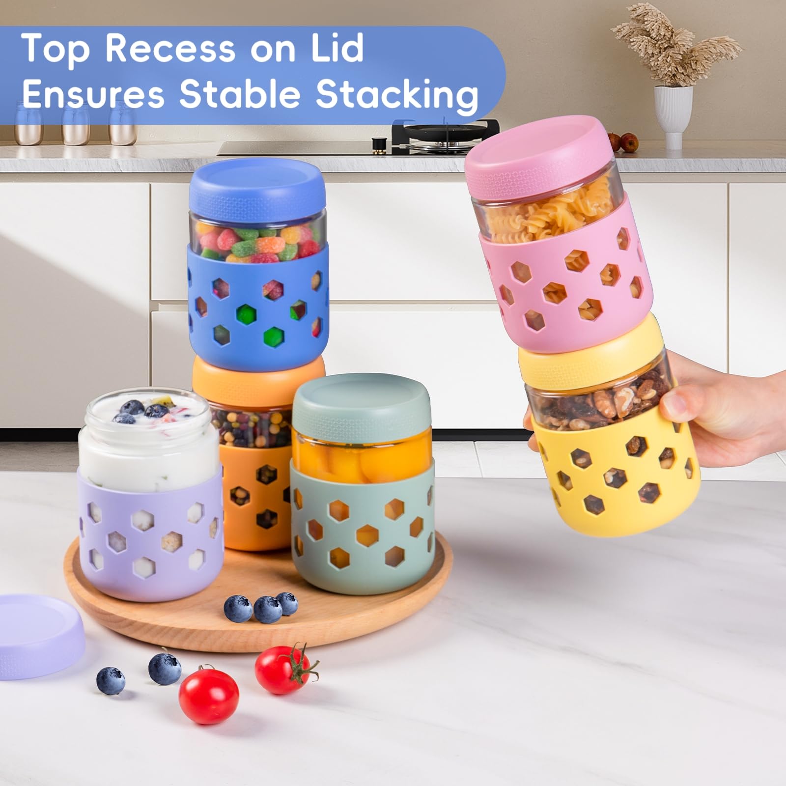 Mrsdry 6 Pack Overnight Oats Jar, Mason Jars with Lids and Protective Silicone Sleeve, 16 oz Glass Chia Pudding Jars, Mason Salad Meal Prep Jar for Yogurt Oatmeal (Pastel Cream, 16oz)