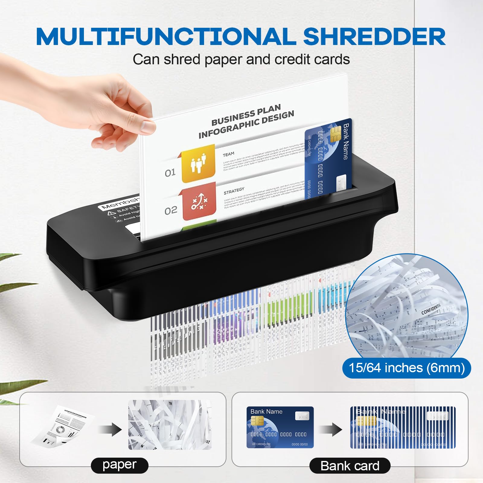 Membship Paper Shredder for Home and Office Use, 7 Sheet Strip Cut Small Paper Shredder Without Basket for Home Office, Portable Shredder Extendable Arm Design with Overheat Protection,Jam Proof