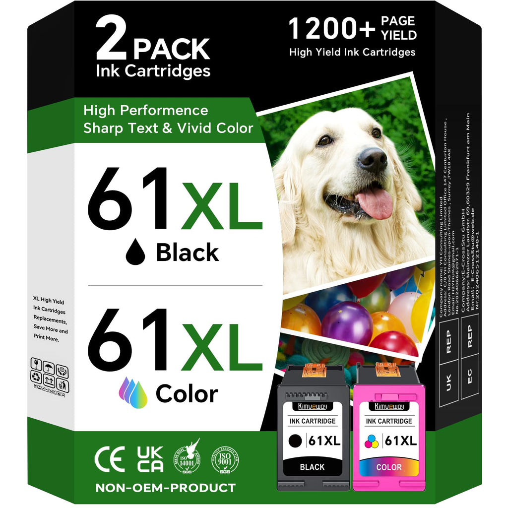 Printer Ink 61XL for HP 61 Ink Cartridge Black and Colour High Yield Replacements for HP Ink 61 Compatible for HP Envy 5530, Envy 4500 4502 Officejet 4630 4635 Deskjet 1000 1510 2540 Printers (2 Pack)