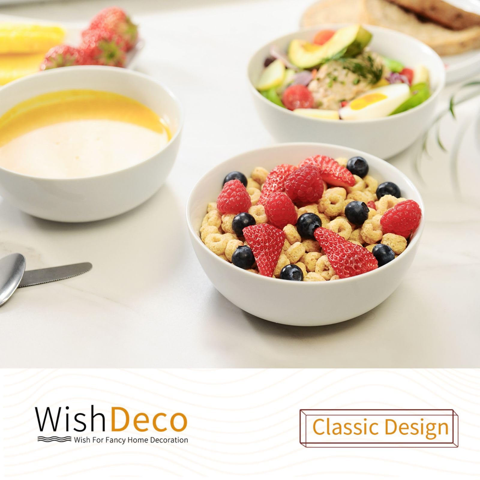 WishDeco Cereal Bowls Set of 4, Ceramic Soup Bowls 20 oz / 600 ml, Breakfast Bowls 6 inch / 15 cm, White Bowls for Dessert, Oatmeal, Pasta, Noodle, Salad, Rice