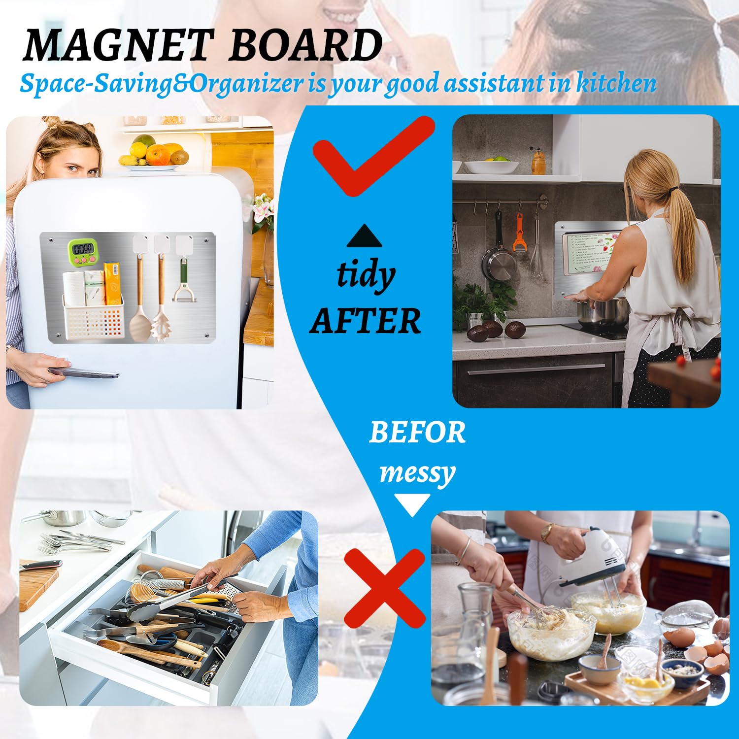 HAOIVE Magnetic Board 17.5" X 11.7" Magnet Board for Wall Stainless Steel Metal Magnetic Board for Wall for Magnet Display Photos Office Supplies Kitchen Stuff Bulletin Board Vision Board(Silver 1PC)