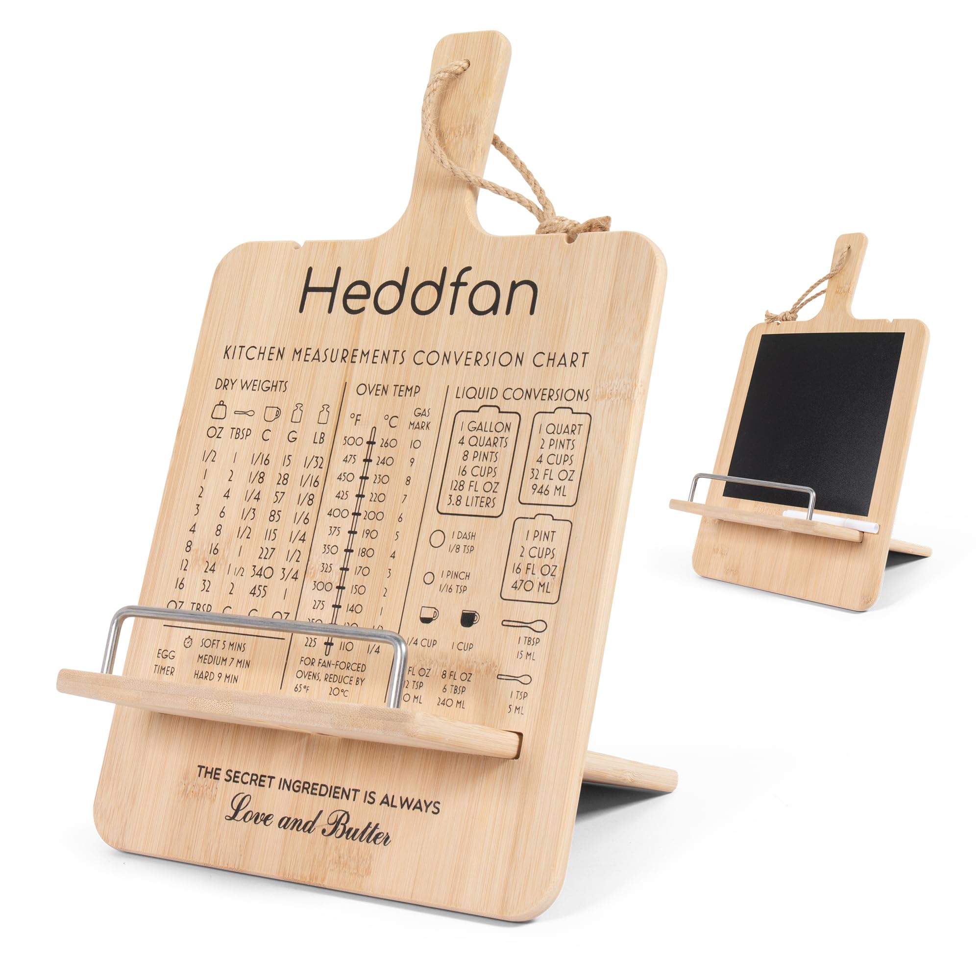 Adjustable Cookbook Stand with Conversion Chart & Built in Blackboard – Bamboo Recipe Book Holder for Kitchen Counter, Great for All Books, Phones, Tablets, & iPads