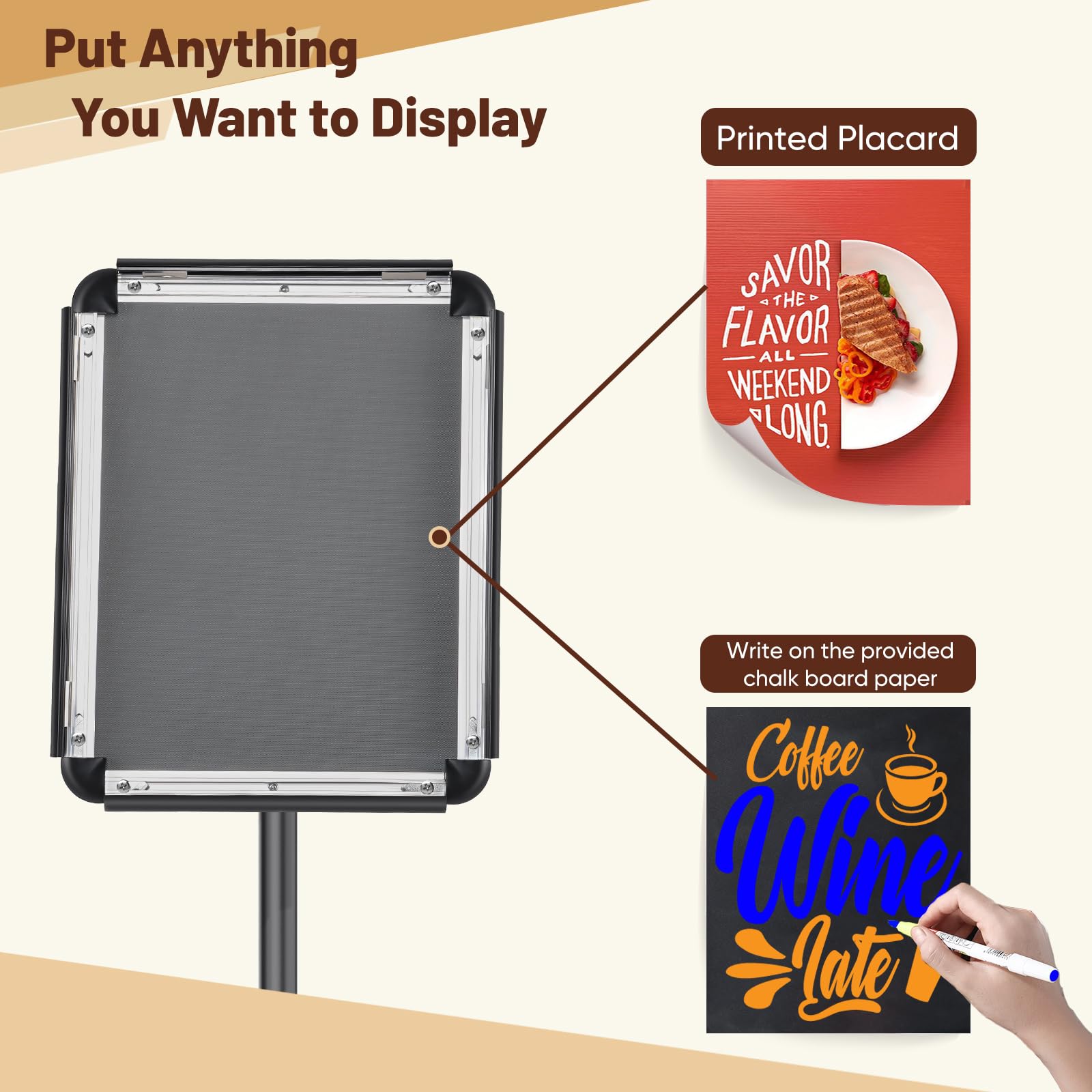 Newzueby Pedestal Floor Stand Sign Holder for 8.5*11 inches Poster or chalk board, Snap open frame,360° Rotation,Outdoor Indoor Standing Display Sign Holders for commerical, directional use, Black