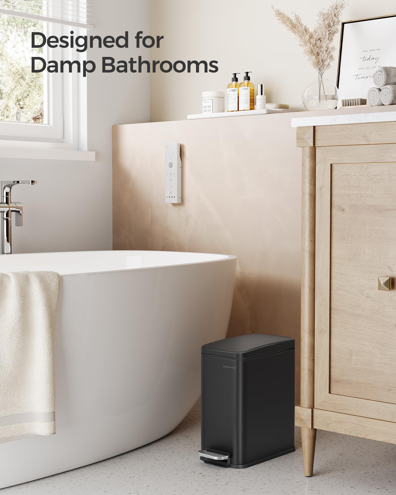SONGMICS Bathroom Trash Can, Small Trash Bin with Lid, Slim for Small Spaces, Stainless Steel Garbage Can, Soft Close, 1.3 Gallon (5 L) Black ULTB560B05