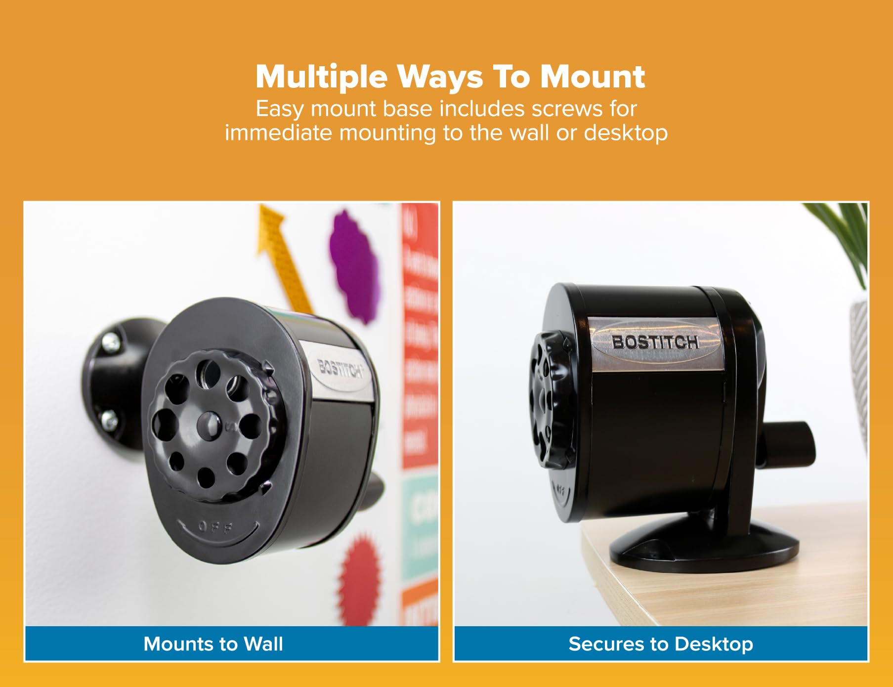 Bostitch Office Wall Mount Manual Pencil Sharpener, Tip Saver, 8 Hole Dial, 6X Longer Cutter Life, Vertical or Horizontal Mounting Black (MPS1-BLK)