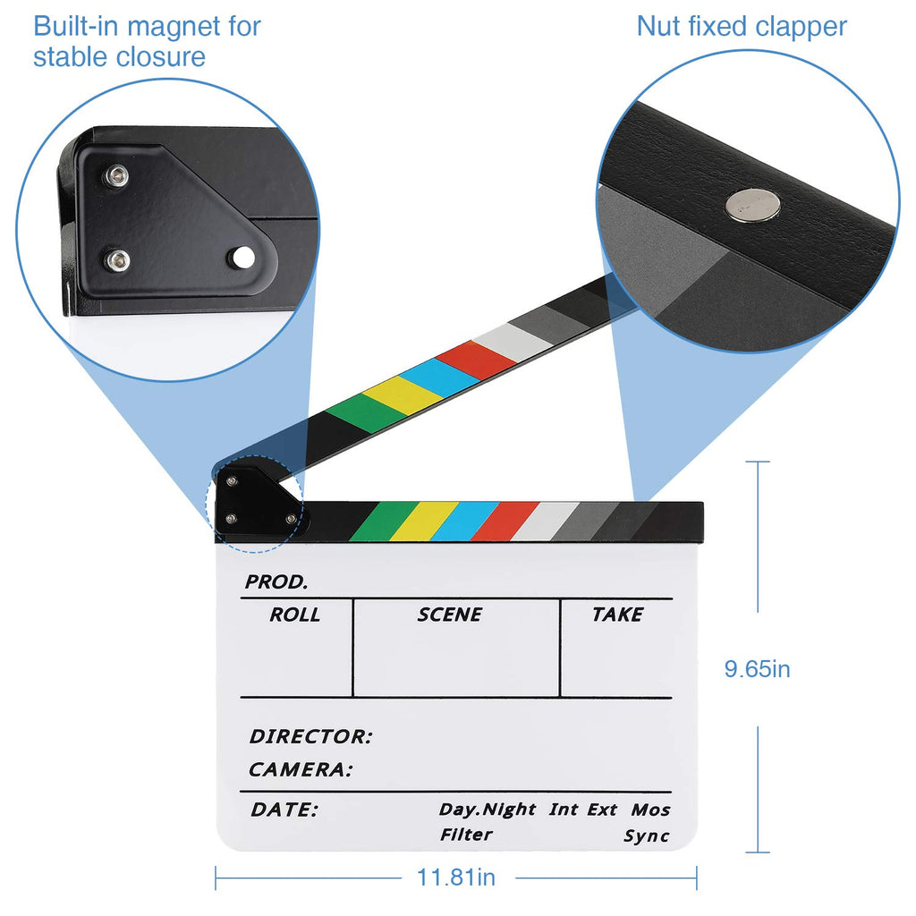 Acrylic Film Clapboard -12x10in Plastic Film Clapboard Cut Action Scene Clapper Board with a Magnetic Blackboard Eraser and 2 Custom Pens, Movie Props for Filmmakers, Students & Creators