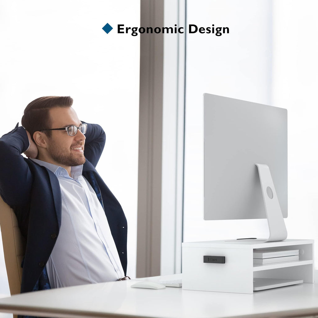 BONTEC Wood Monitor Stand Riser, Desk Monitor Stand with Smartphone Holder, Ergonomic Laptop Stand with Cable Management for Computer, Notebook, PC, 2 Tiers White,16.5 Inch