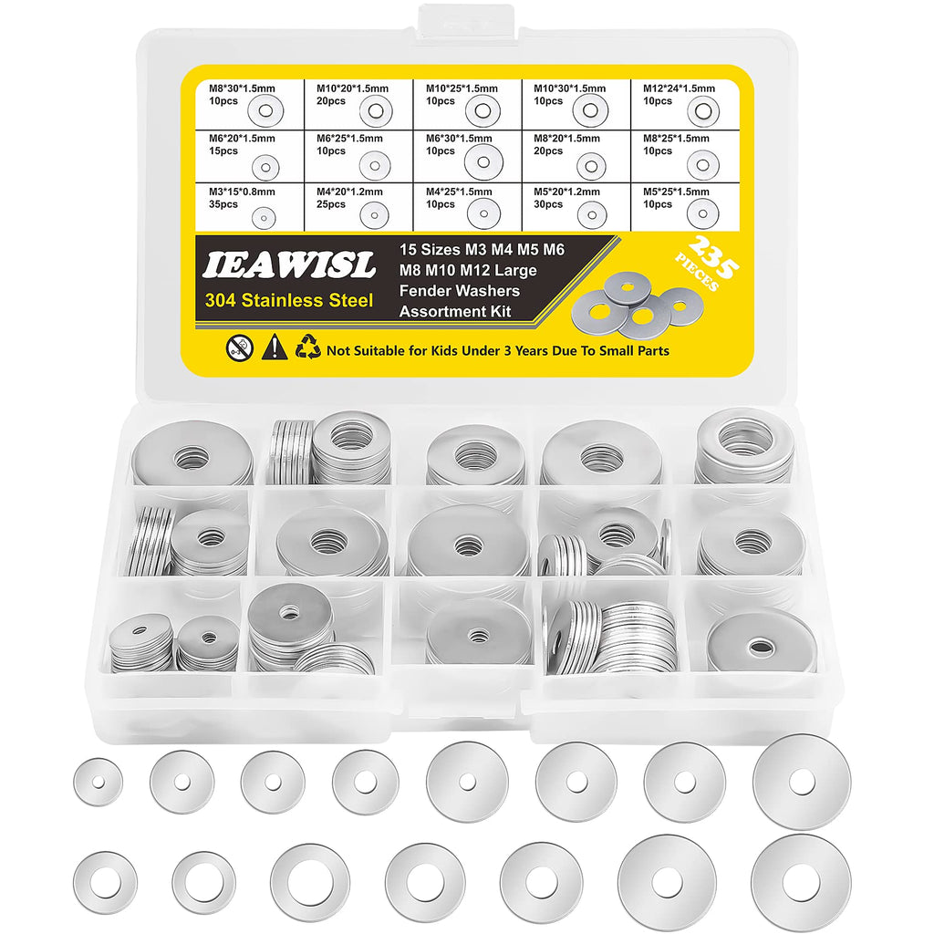 18-8(304) Stainless Steel Fender Washers, 235Pcs Flat Washers for Screws and Bolts, Assorted 15 Sizes (M3 M4 M5 M6 M8 M10 M12) for Home and Industrial Use