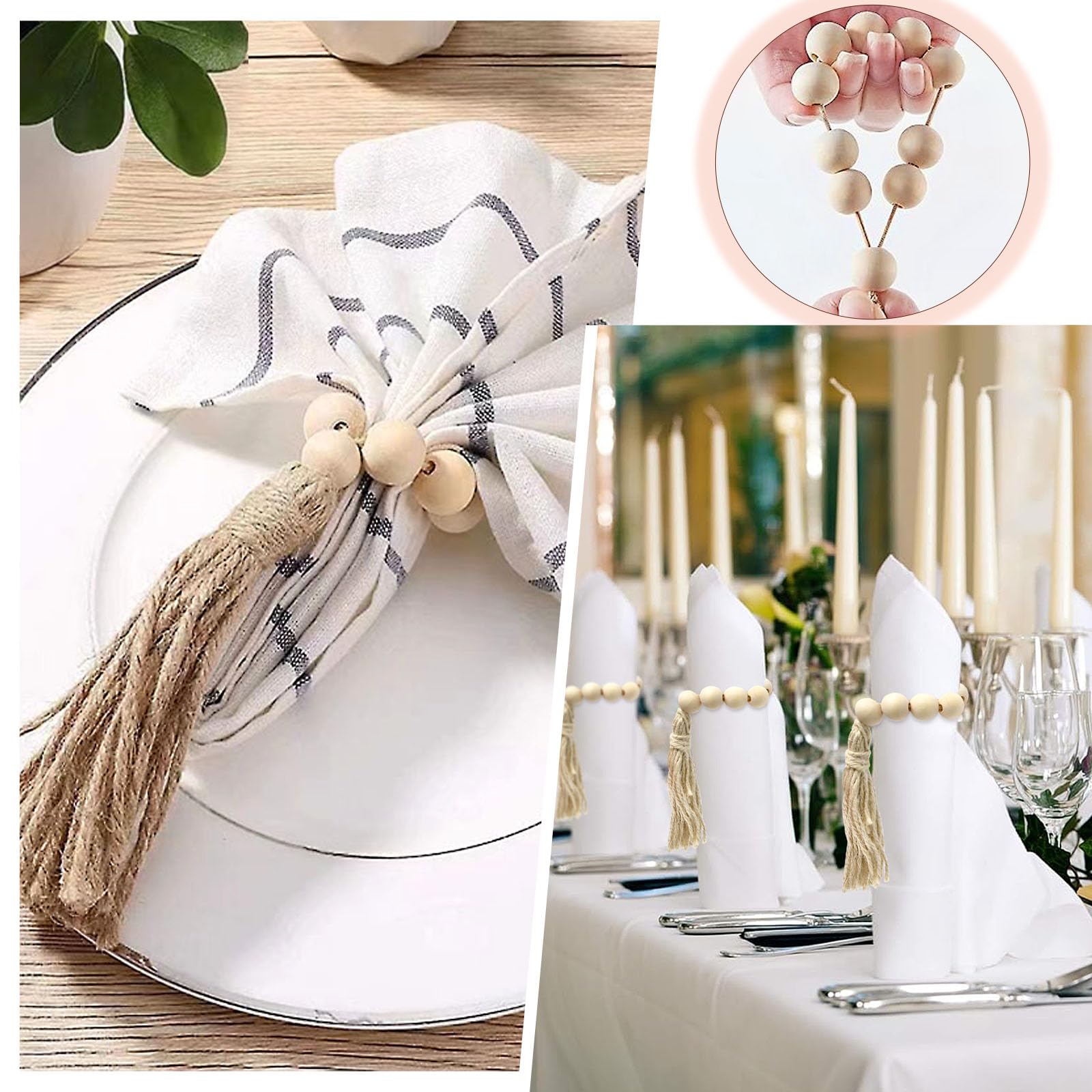 Supkiir 24 Pcs Wood Bead Napkin Rings, Bohemian Napkin Rings Wooden Napkin Ring Rustic Style Table Decor for Wedding Party Home Decoration
