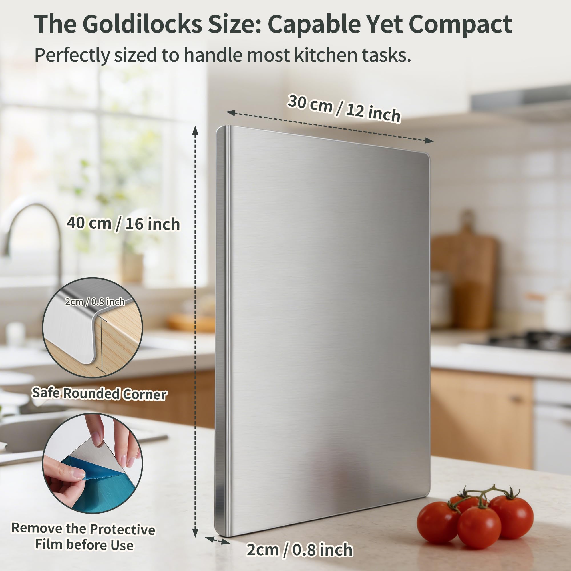Stainless Steel Cutting Board for Kitchen, Metal Cutting Board with Counter Lip Dishwasher Safe Chopping Board for Meat, Fish, Vegetables, Fruits, Bread, Pastry (40 x 30cm/ 16 x 12 in)