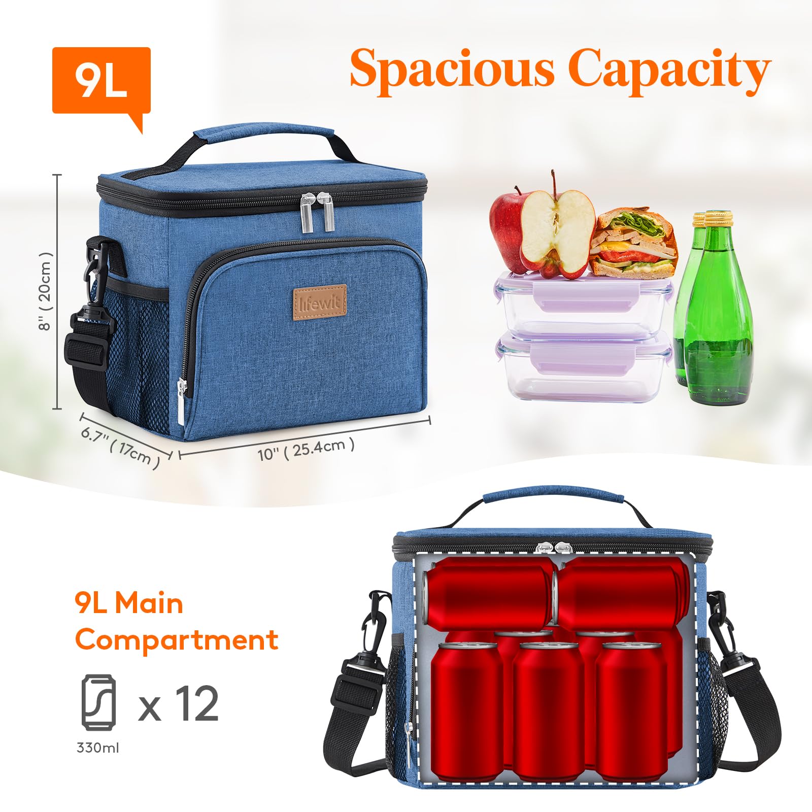 Lifewit Insulated Lunch Bag for Men, Reusable Lunch Box Women, Portable Cooler Freezable Soft Tote Bag Leakproof with Adjustable Shoulder Strap for Adult for Work/Picnic, Dark Blue 9L