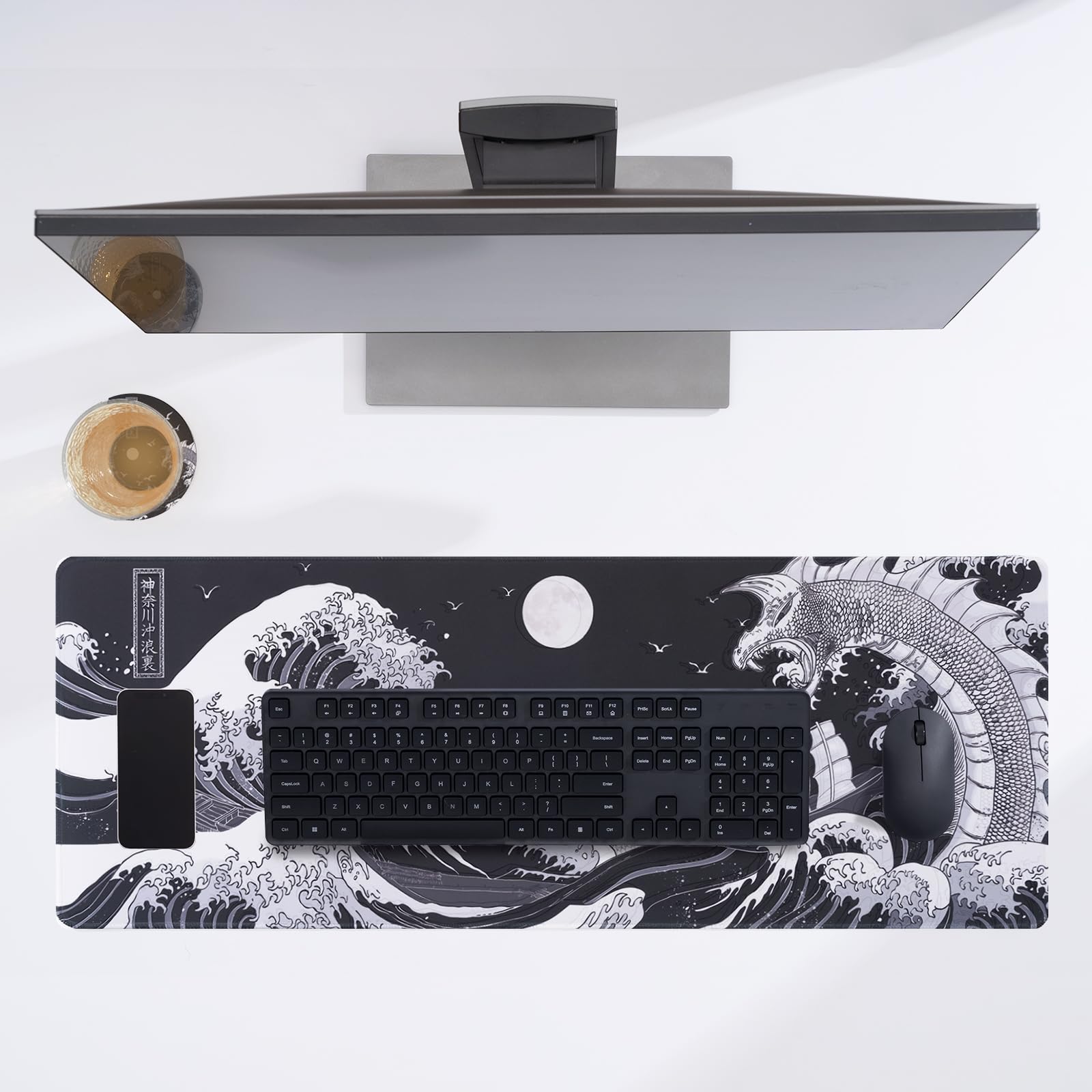 KuZaiALi Japanese Mount Fuji Cherry Blossoms Mouse Pad (Bouns: Coaster+Bag) 31.5x11.8 Inch 3mm Thick Extended Gaming Mousepad Non-Slip Water-Proof Keyboard Pad (Kanagawa Black)