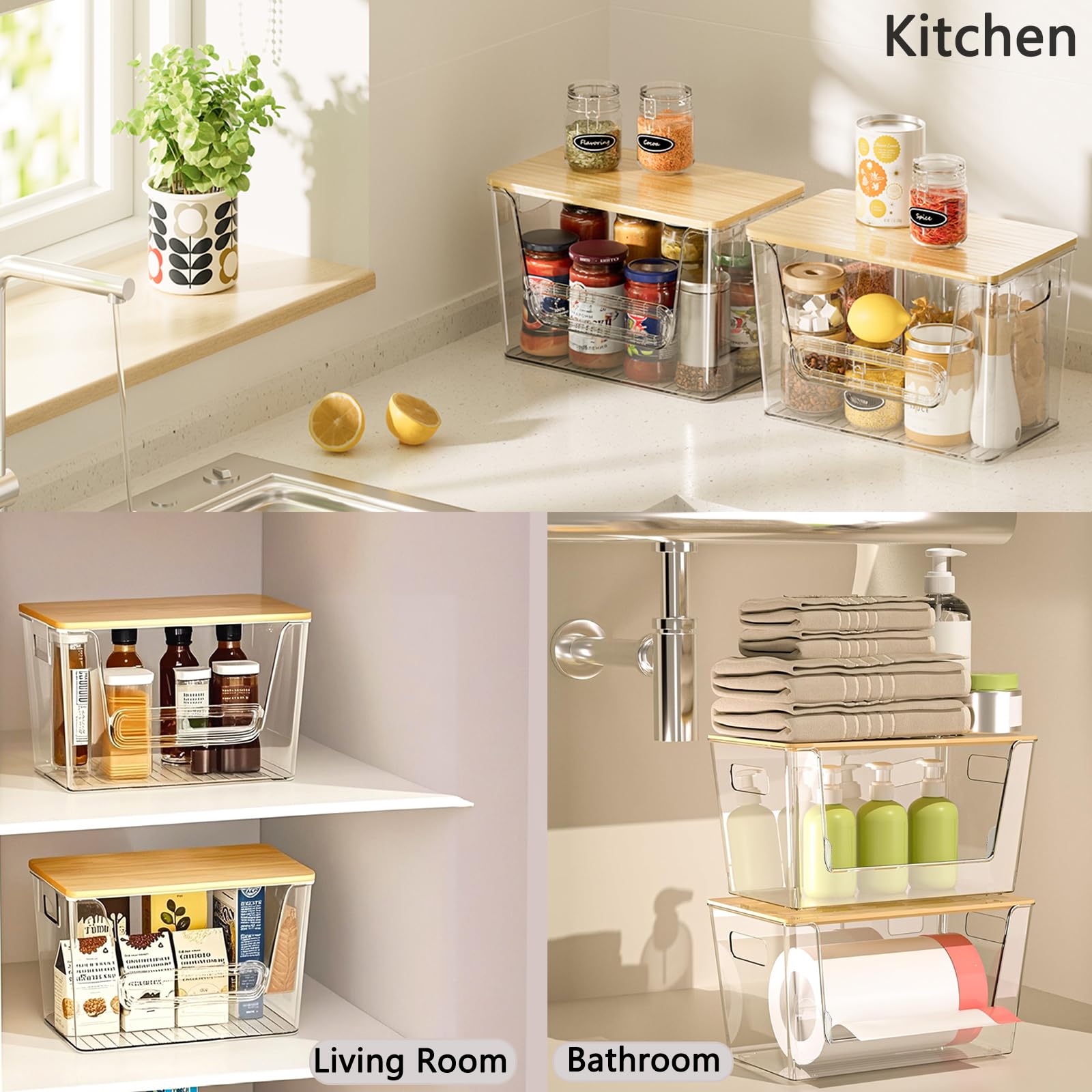 Pantry Organizers Storage Heavy-duty Ultrathick, THASOK 2 Set Kitchen Cupboard Organizers Upgraded Fence design, Stackable Baskets Storage with Bamboo Top for Onion,Potato,Fruits,Produce,Vegetable