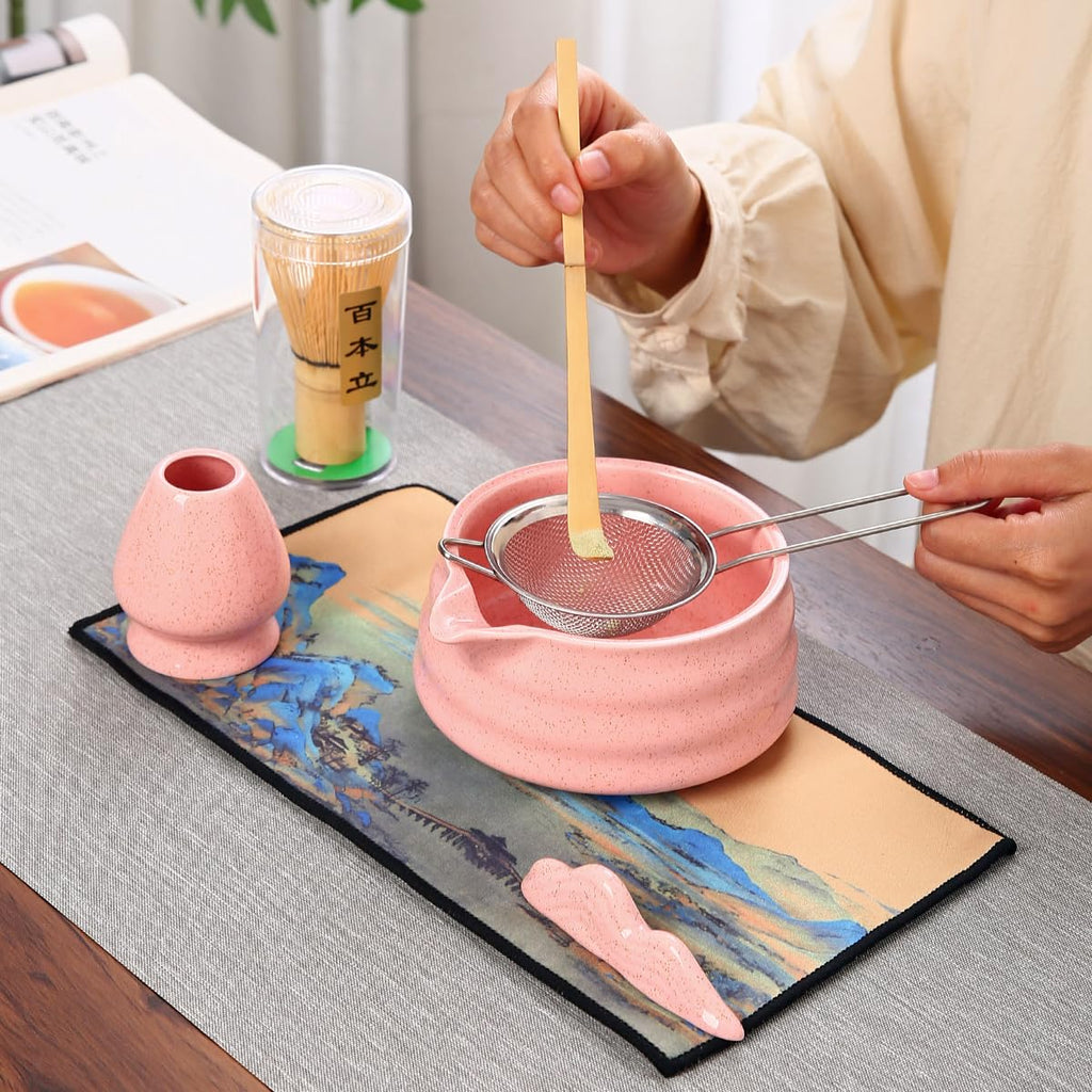 Matcha Tea Ceremony Set with Pink Ceramic Bowl, Bamboo Whisk, Strainer and Mat, 7-Piece Traditional Japanese Style