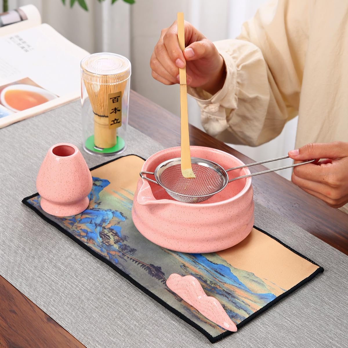 Matcha Tea Ceremony Set with Pink Ceramic Bowl, Bamboo Whisk, Strainer and Mat, 7-Piece Traditional Japanese Style