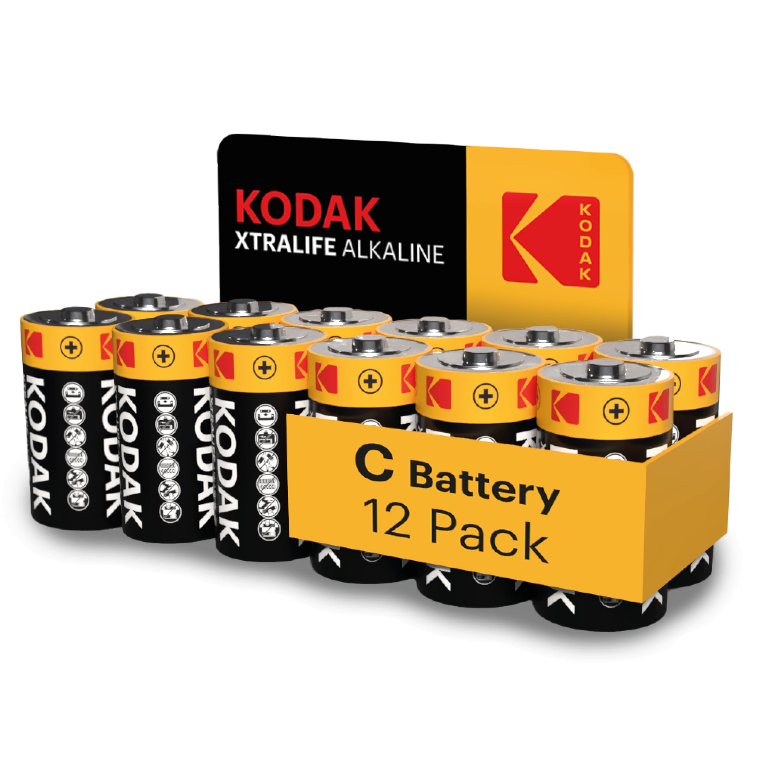 Kodak Xtralife C Batteries 12 Pack, 1.5V Alkaline, Type C Cell LR14/MN1400 Size Battery, Suitable for Flashlights, Toys & More, 10-Year Shelf Life