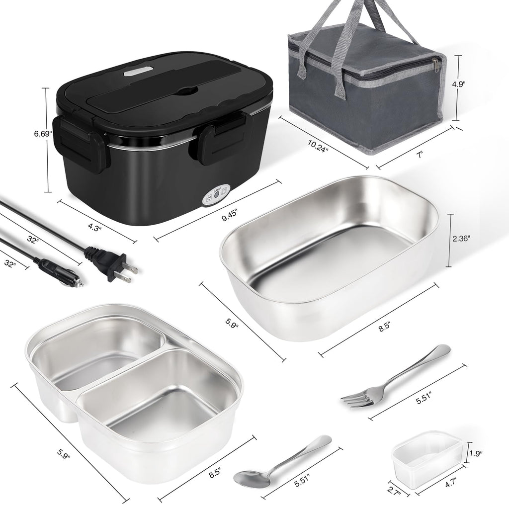 Electric Lunch Box Food Heater - 80W Fast Heating Lunch Box Dual 1.5L Removable SS Containers Portable Food Warmer for Car（12V/Truck（24V/ Office(110V)/ Work/Travel Use - Ideal for Men, Women, Adults