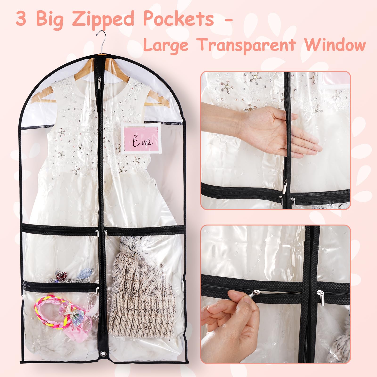 3pcs Clear Dance Garment Bags for Costumes Suits Coats with Zipper 38" Children Hanging Clothes Storage, Foldable Waterproof Dresses Cover Protector with ID Slot for Closet Travel Competitions