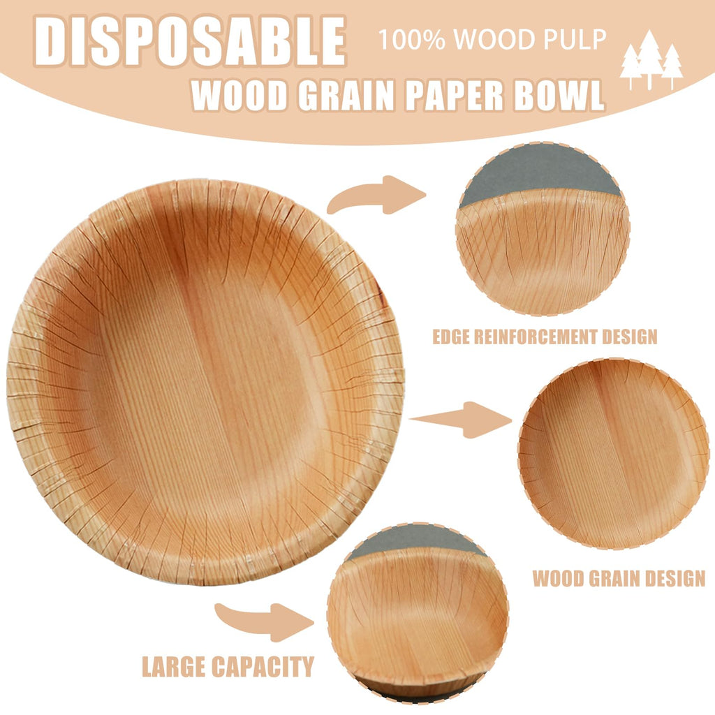 DTFMZOV 50 Pcs Wood Grain Paper Bowls, 5.9 Inch Wood Paper Bowls, Rustic Disposable Bowls for Woodland Baby Shower, Camp Fire, Camping, Birthday Party Decorations