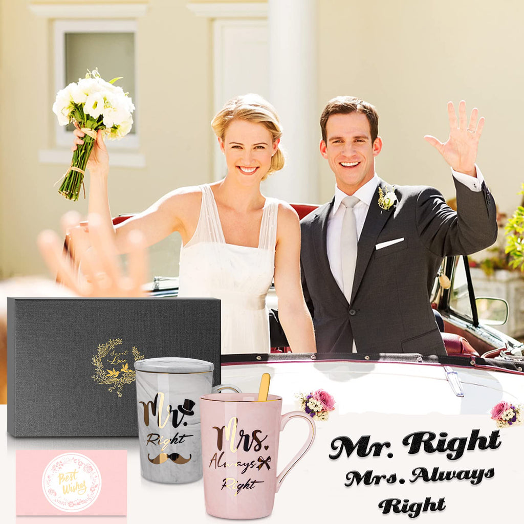 Mr Right and Mrs Always Right Couples Mugs Gifts Set for Wedding, Engagement, Newlyweds Anniversary, Bridal Shower, 14oz Ceramic Marble Mugs with Golden Pattern, Microwave, Dishwasher Safe