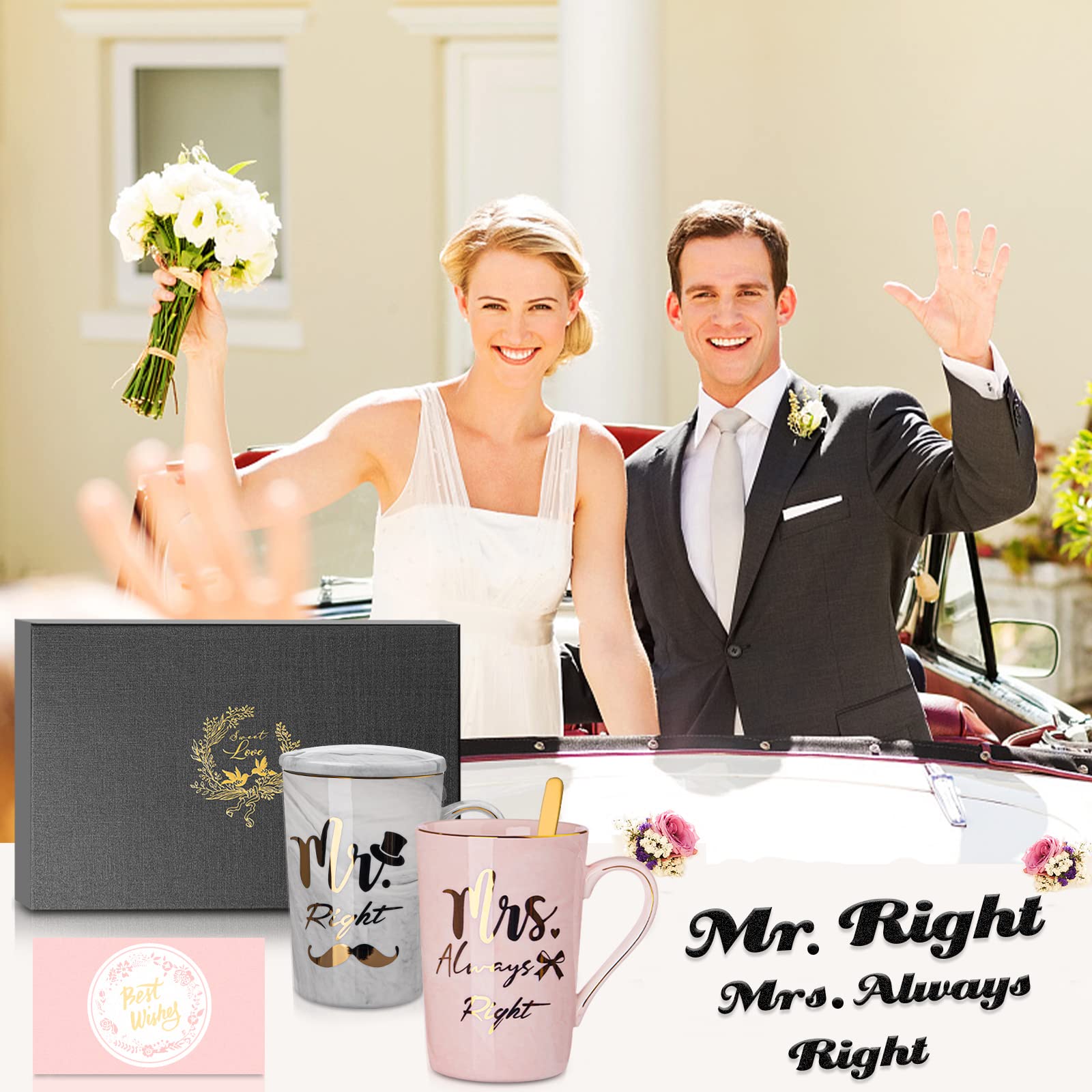 Mr Right and Mrs Always Right Couples Mugs Gifts Set for Wedding, Engagement, Newlyweds Anniversary, Bridal Shower, 14oz Ceramic Marble Mugs with Golden Pattern, Microwave, Dishwasher Safe