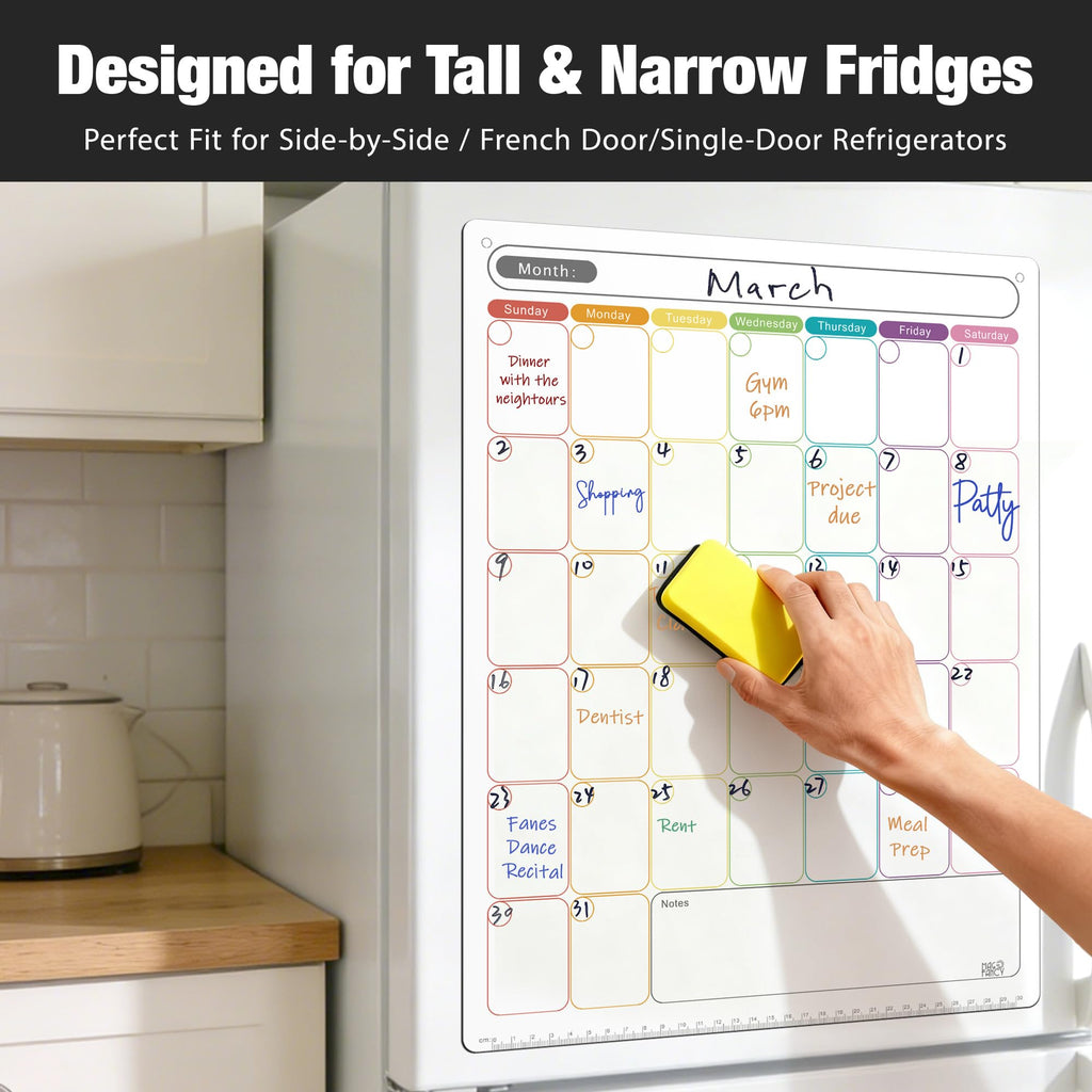 Mag-Fancy Vertical Magnetic Dry Erase Calendar for Refrigerator – Monthly Fridge Planner for Narrow & Side-by-Side Fridges, Fine Tip Markers, Strong Magnet, Reusable Family & Home Organizer