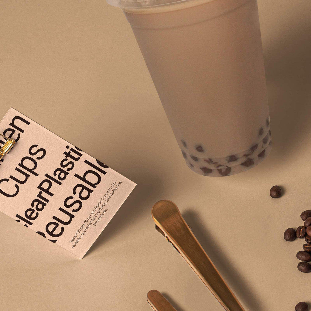 Belinlen 100 Sets 24 oz. Plastic Crystal Clear Cups with Flat Lids for Cold Drinks, Iced Coffee, Bubble Boba, Tea, Smoothie etc. (Coming with Extra 20 lids as Bonus)