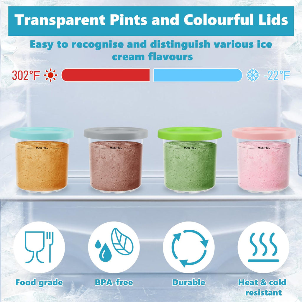 Nepfaivy Containers Replacement for Ninja Creami - 4 Pack Ice Cream Pints and Lids Compatible with Ninja NC300 NC301 Creamy Ice Cream Makers, BPA-Free & Dishwasher Safe, Color Lids