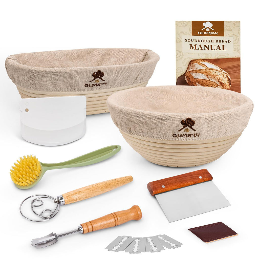 Glimsax Banneton Proofing Basket Set of 2, 9" Round & 10" Oval for Sourdough Baking, Bread Making Accessories and Tools Starter Kit, Gifts for Beginner and Professional Bakers