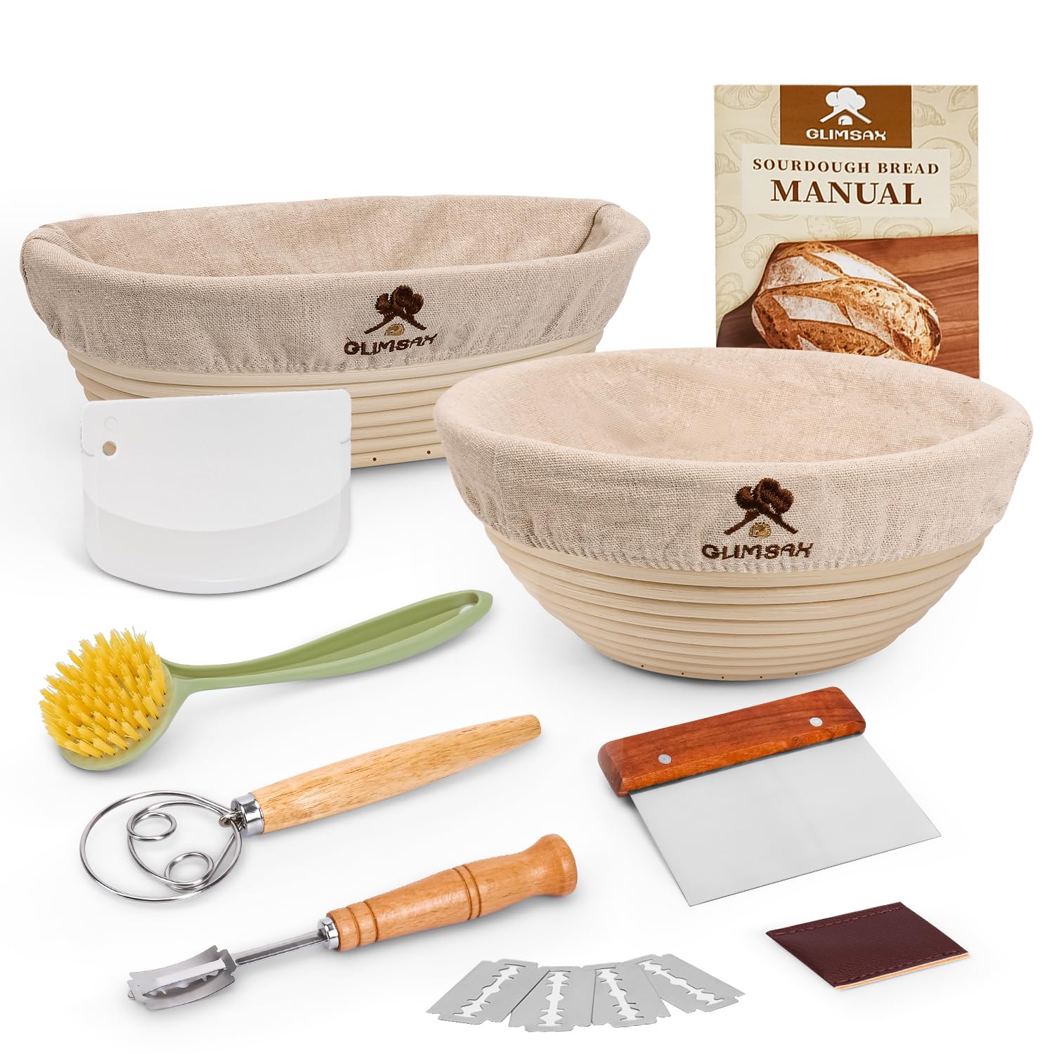 Glimsax Banneton Proofing Basket Set of 2, 9" Round & 10" Oval for Sourdough Baking, Bread Making Accessories and Tools Starter Kit, Gifts for Beginner and Professional Bakers