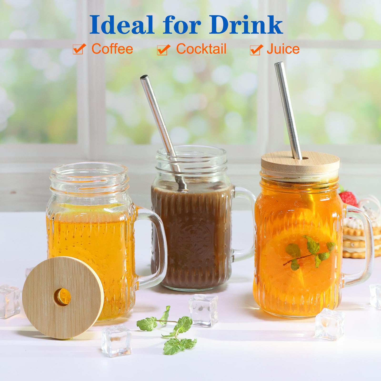 Magicsky Mason Jar Cups with Handles, Vintage 16 oz Glass Iced Coffee Cup with Bamboo Lids and Straws, Pint Drinking Jars Mug for Smoothie, Cold Drinks, Juice, Party Beverages, Set of 4