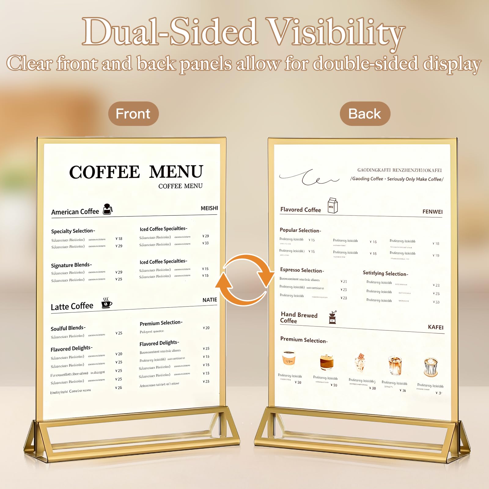 RUITENG 12 Pack Acrylic Sign Holder, 5x7 Clear Gold Frame Display Stand, Double Sided Picture Menu Flyer Holders, Wedding Table Number Frames for Cards Photo Party Decoration (5" x 7")