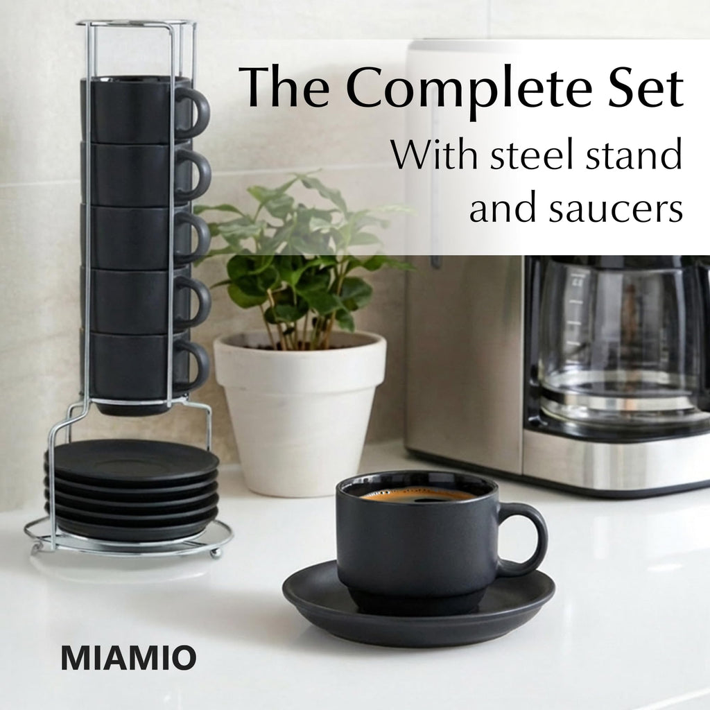 MIAMIO - 75 ml Espresso Cup Set with Saucers Coffee Mug Set of 6 - Ceramic Coffee Mug Stackable Espresso Mug with Stand for Coffee Drinks, Latte, Cafe Mocha - Le Papillon Collection (Black)