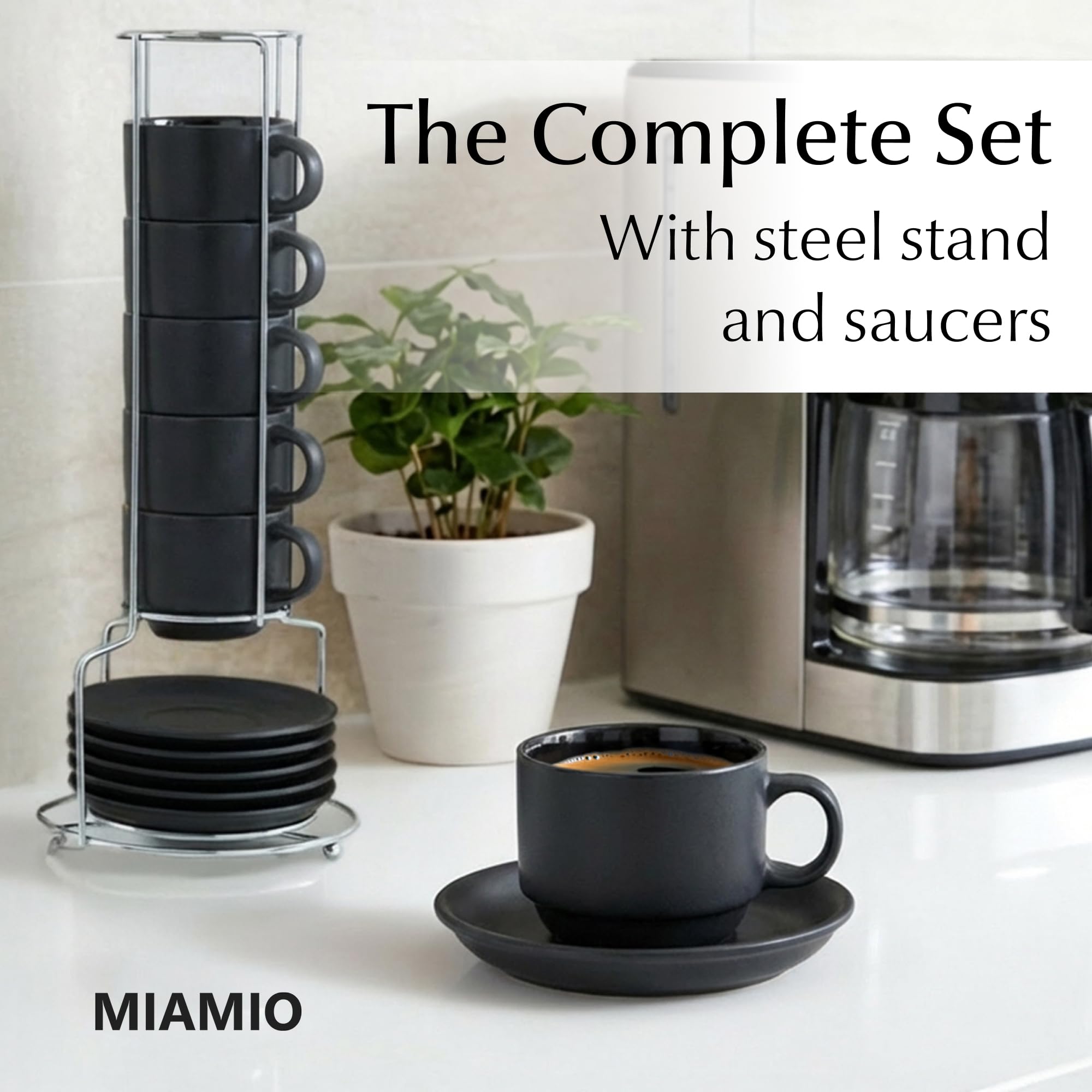 MIAMIO - 75 ml Espresso Cup Set with Saucers Coffee Mug Set of 6 - Ceramic Coffee Mug Stackable Espresso Mug with Stand for Coffee Drinks, Latte, Cafe Mocha - Le Papillon Collection (Black)