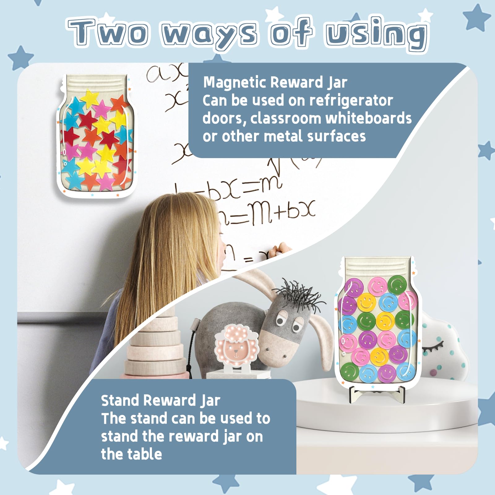 2 Pack Magnetic Reward Jar,Star and Smiley Face Reward Jar,Star Jar Reward System for Kids,Good Behavior Home Classroom Responsibility Routine Training Tool for Boys Girls
