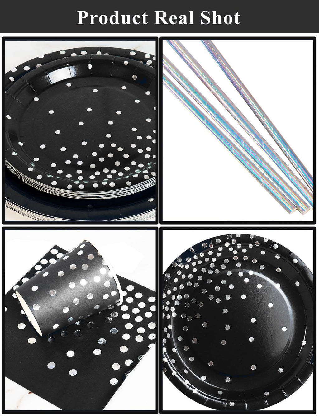 Nkaiso Paper Plates Napkins Cups Set, 126 Piece Black and Silver Paper Tableware Set Includes Birthday Paper Plates Napkins Cups Straws for Wedding Shower Engagement Wedding Birthday-25 Guests